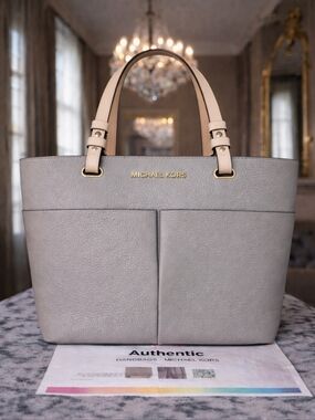 Michael Kors Pebbled Leather Tote Gray & Beige Large Shoulder Bag Authentic